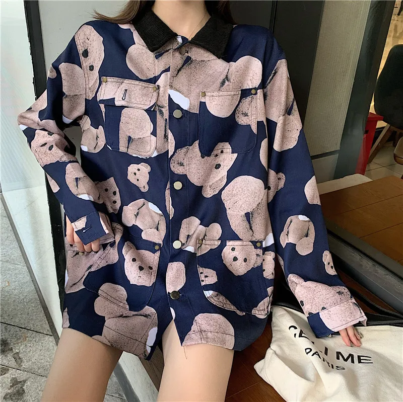 GRUIICEEN блузка с мультяшным принтом медведя Женская Осенняя Свободная рубашка