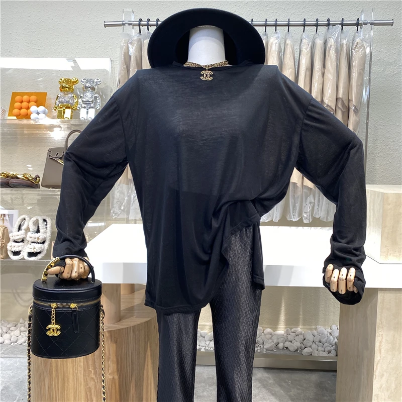 

Niche Design 2021 Loose Round Collar Slimming Candy Color Suntan Fashion Slit Top