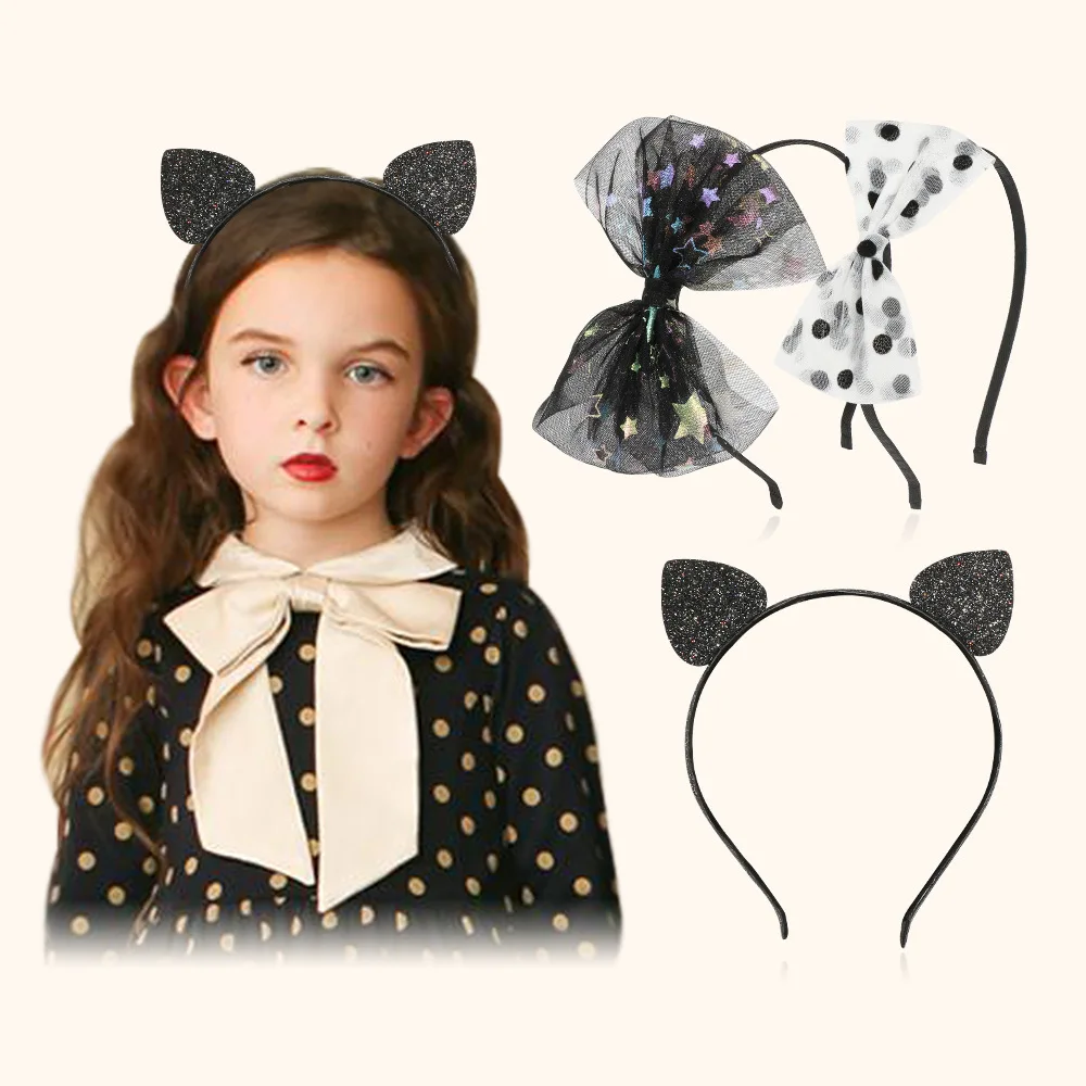 

Girls Hairbands 3pcs Mesh Black Dots Bows White Headband Glittery Ear Head Hoops Kids Hair Accessories