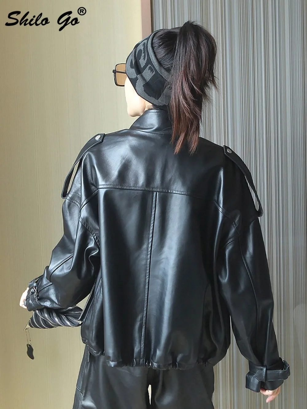 

Safari Style Stand Collar Plus Size Drop Shoulder Jacket Women Casual Moto Genuine Leather Coat Buttons Front Sheepskin Outwear