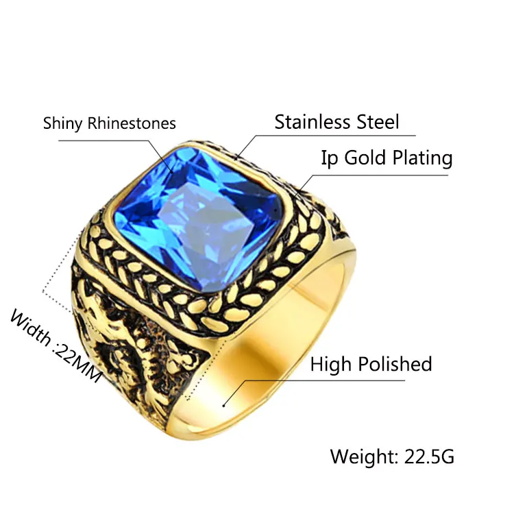 

Luxury Big Square Green Stone Gold Color Filled Shining Zircon Ring Bling Engagement Cool Boy Gift