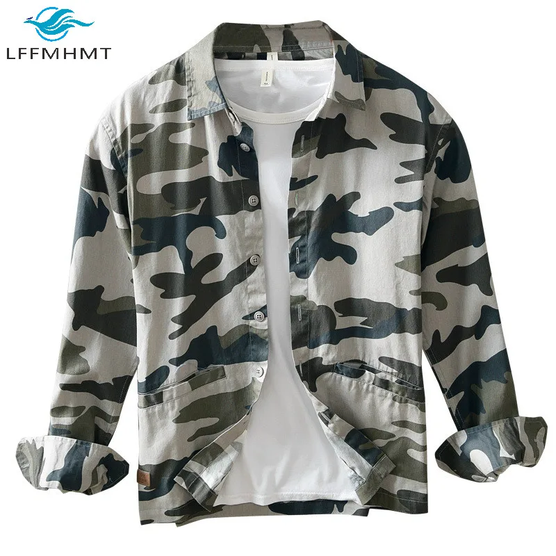 

Men Spring Fall New Fashion Military Style Camouflage Print Long Sleeve Lapel Cotton Shirt Male Japan Harajuku Loose Casual Tops