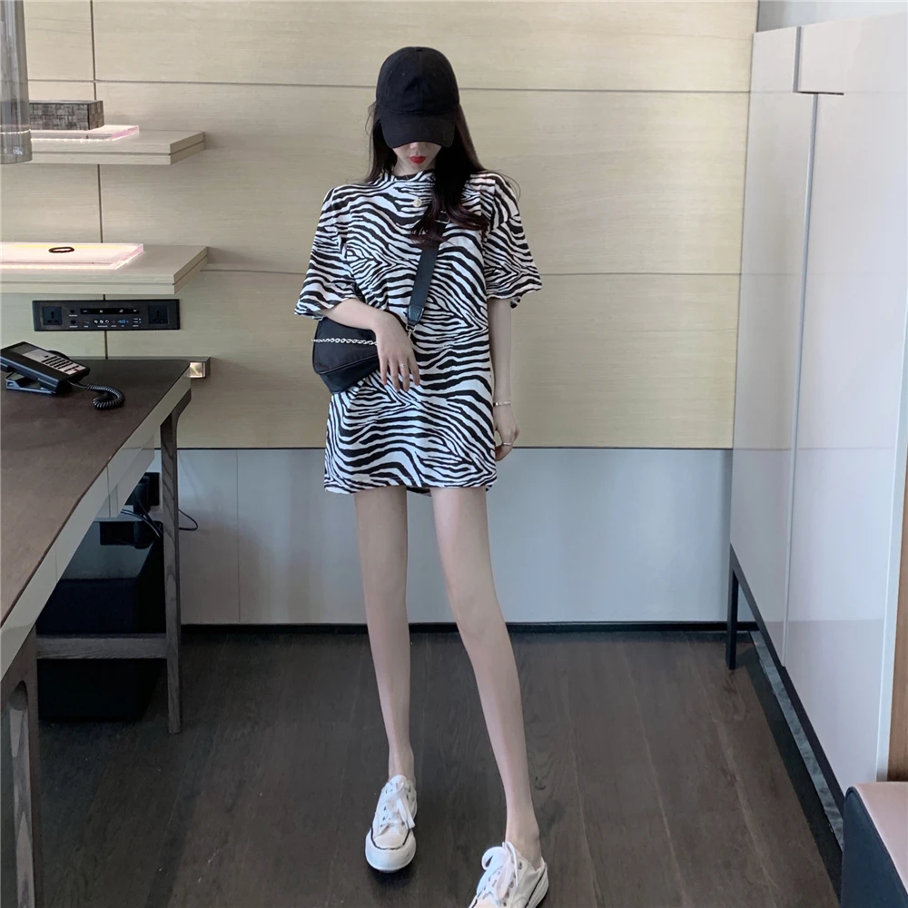 

Women Casual Zebra Strip Printed Round Neck Loose Fit Short Sleeve Blouser T Shirts Tee Tops