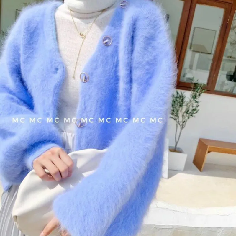 

Утолщенный вязаный мохеровый кардиган из шерсти норки с V-образным вырезом, кашемировый свитер, пальто, однобортная куртка, топ с рукавами-ф...