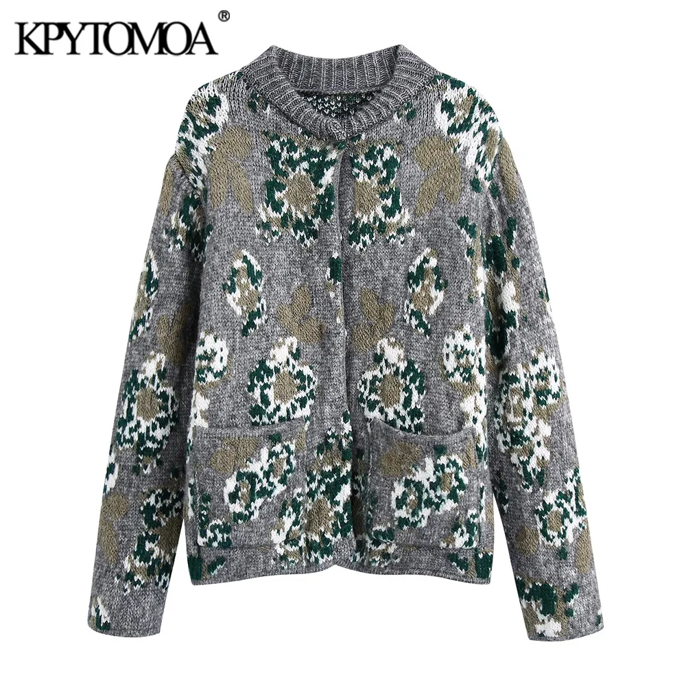 

KPYTOMOA женский 2021 модный Свободный цветочный жаккардовый вязаный кардиган свитер винтажный с длинными рукавами карманами женская верхняя од...