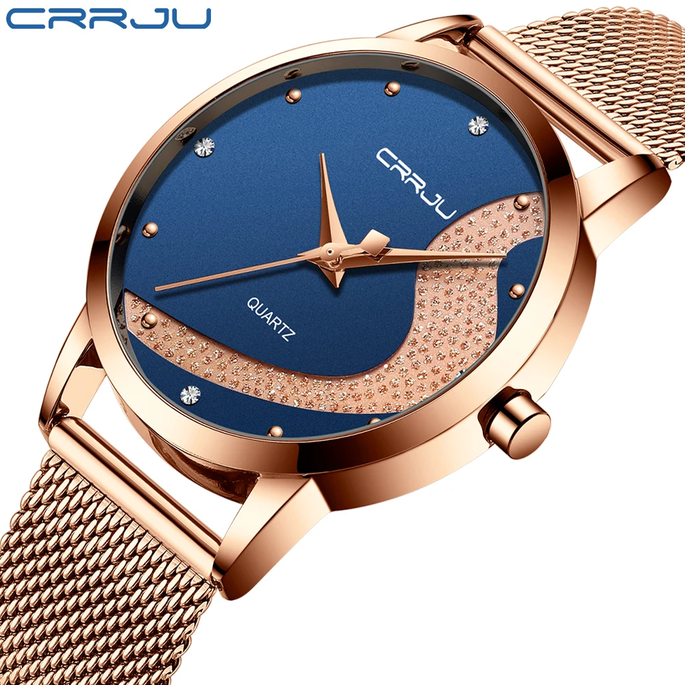 

Часы наручные CRRJU женские кварцевые, брендовые Роскошные деловые ультратонкие водонепроницаемые со стальным сетчатым браслетом из розовог...