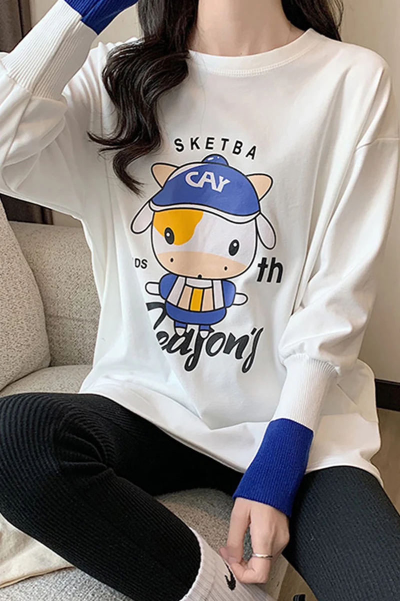 

long-sleeved T-shirt Female 2021 cotton Korean round neck knitted sleeve stitching cartoon calf print loose bottoming blouse top