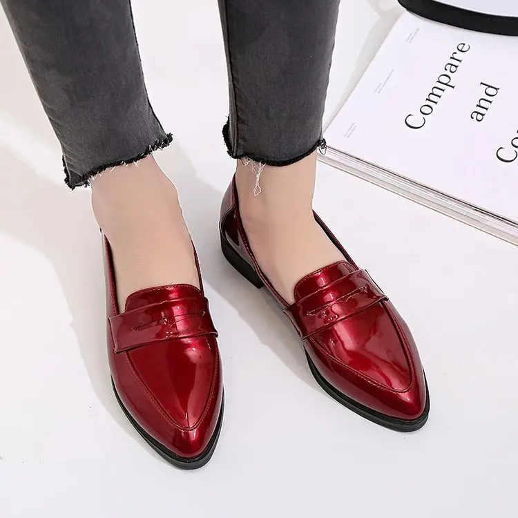 

2019 New Autumn Flats Women Shoes Bowtie Loafers Patent Leather Elegant Low Heels Slip on Footwear Female Pointed Toe Thick Heel