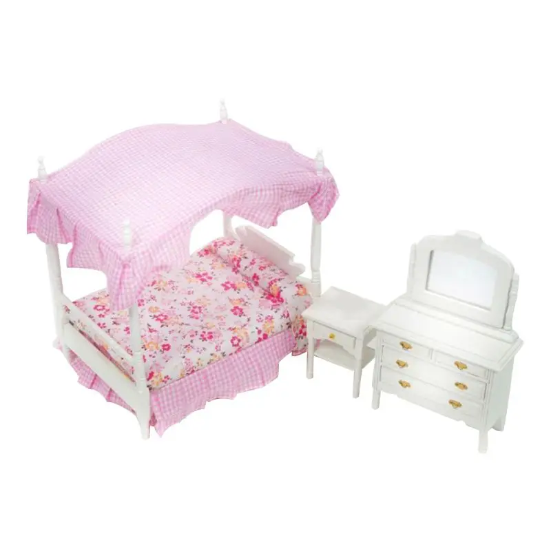 

1:12 Dollhouse Miniature Bedroom Furniture Princess Canopy Bed Dresser Bedside