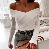 sexy off shoulder long sleeve body shirt women 2021 spring black white elasticity slim blackless woman tops and blouses shirts