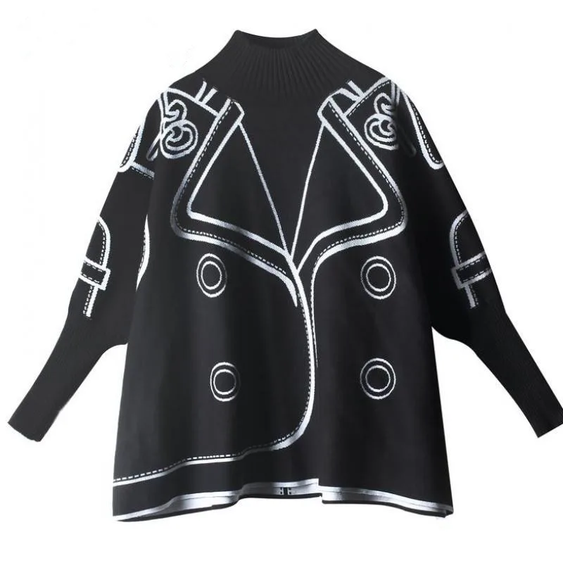 

Женский Повседневный винтажный свитер, водолазка с рукавом «летучая мышь», женские пуловеры, черные вязаные топы с принтом, новая одежда 2020