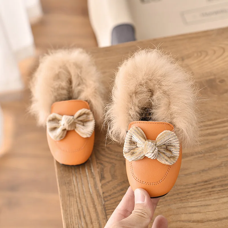 Детские меховые лоферы на металлической цепочке теплые хлопковые плюшевые