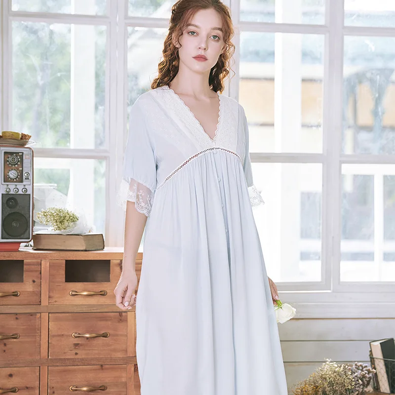Summer Autumn 2020 Palace Sexy Lace Long Sleeve Loose Solid Color Cotton Silk Nightdress Women's Long Girlfriends Home Clothes