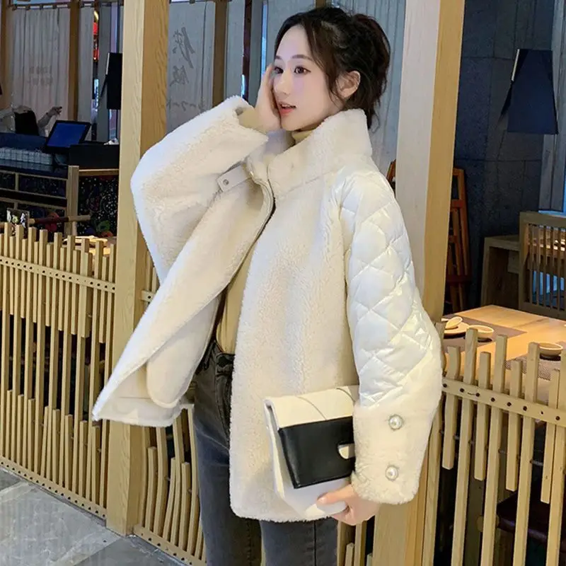 

Net red down cotton clothes female lamb hair ins stitching long winter fashion Korean version of new pike