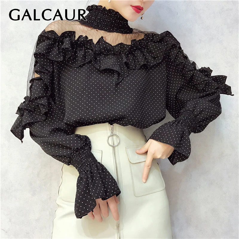 Женская шифоновая блузка в горошек с воротником-стойкой и расклешенными