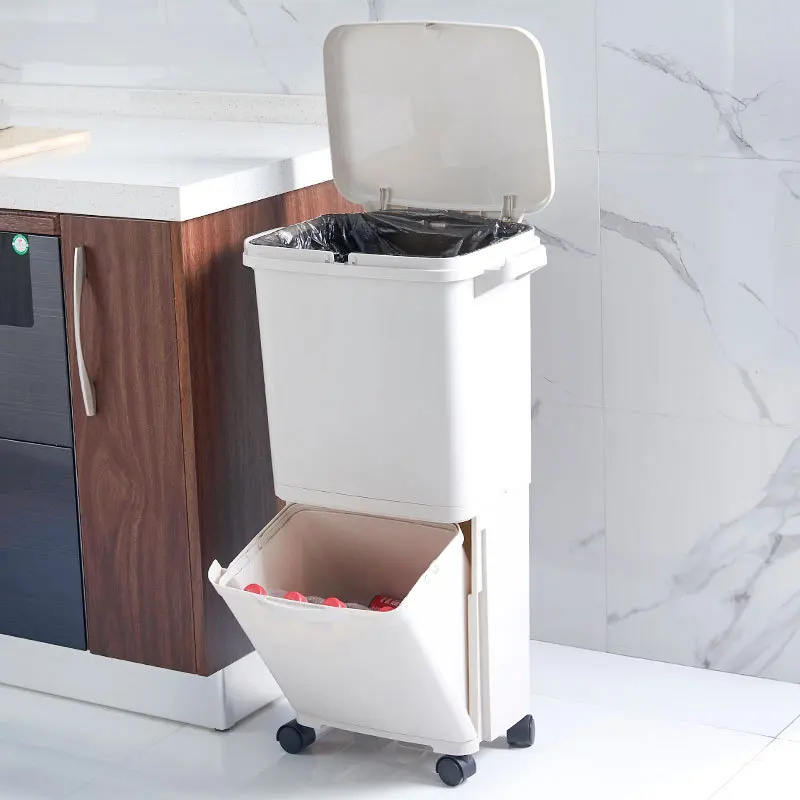 

Japanese-style household kitchen dry and wet sorting trash can large double-layer storage bucket plastic with pulley trash can
