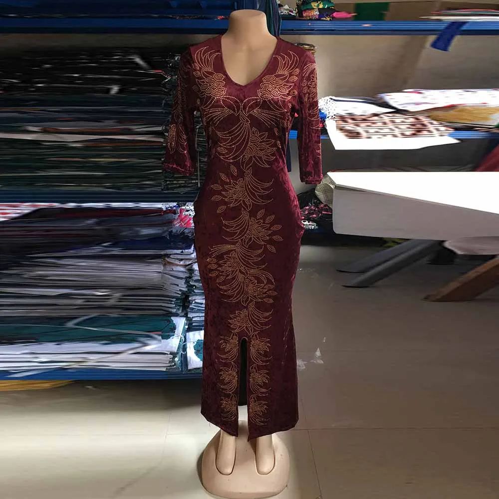

Floral Printed Elegant Plus Size Maxi Dress Women Deep V Neck Three Quarter Sleeve Mermaid Dress Vintage Front Split Robe Femme