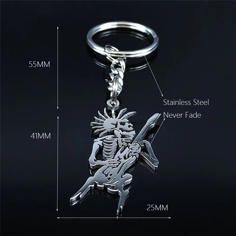 

2021 Fashion Punk Skull Playing Guitar Stainless Steel Keyring Men/Women Silver Color Key Accessories Jewelry llaveros K4218S03