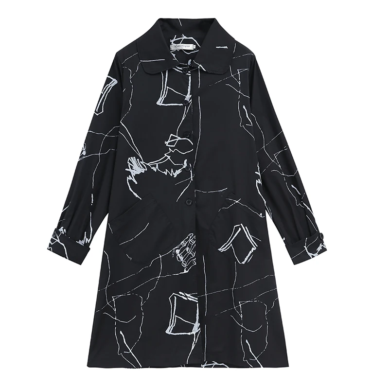 

Abstract Print Windbreaker Double Pockets Long Sleeves Buttoned Lapel Cardigan Jacket Mid-Length Loose Coat Women Spring Outwear