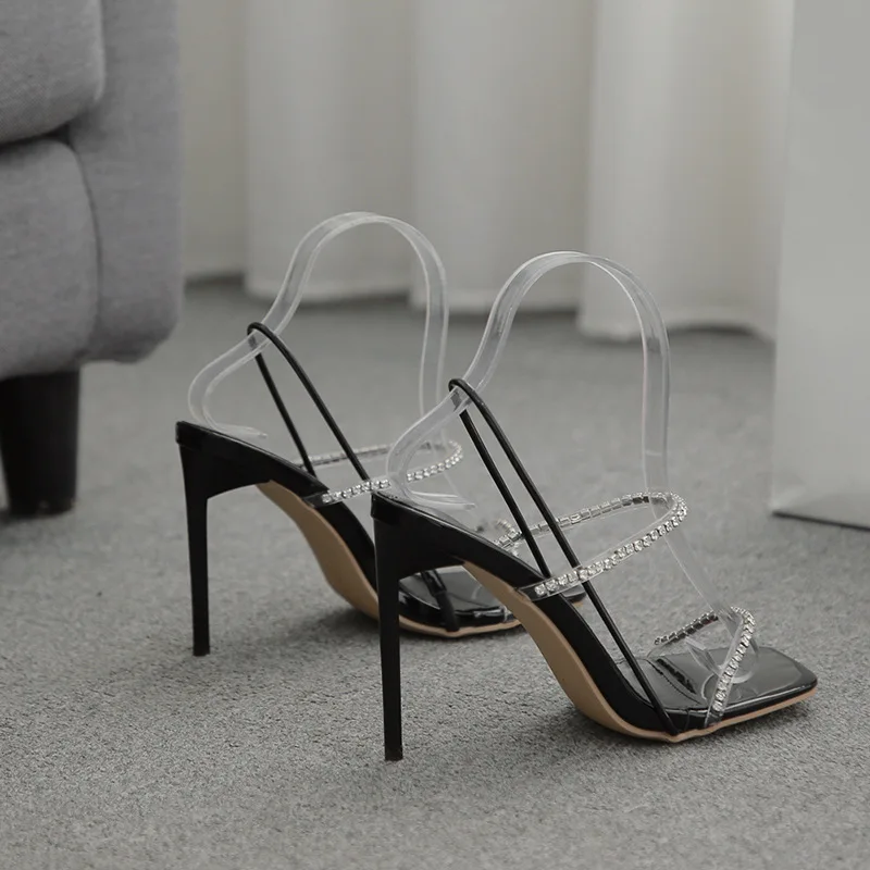 

Large Size Beige Heeled Sandals Square Toe Fashion Womens Shoes 2021 Ankle Strap Big Black Stiletto High Luxury Sexy New Comfort