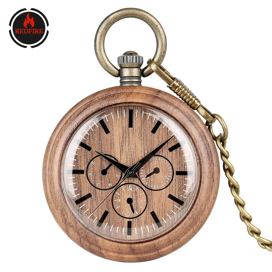 

REDFIRE Coffee Brown Walnut Wood Quartz Pocket Watch Bronze Fob Chain Natural Wooden Pendant Antique Watch Gift Men Women