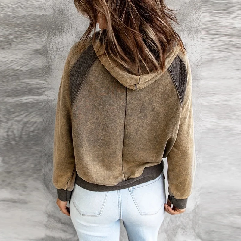 

Women Long Sleeve Harajuku Sweatshirts Autumn Casual Vintage Patchwork Hooded Sweatshirt Fashion Winter Drawstring Tops Pullover