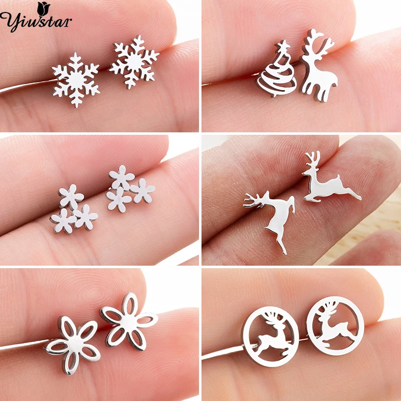 Yiustar изящные и гладкие Снежинка из нержавеющей стали серьги гвоздики в виде оленя