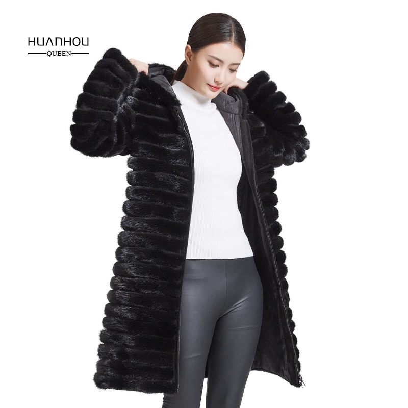 Королева huanhou натуральный мех норки пальто с мехом для женщина с меховым капюшоном, Кол-во доп Большие размеры зимние теплые пальто узкого кроя