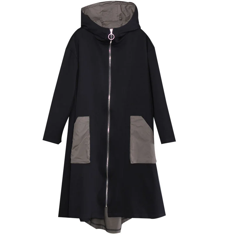 Женское длинное пальто с капюшоном свободная Лоскутная ветровка большого