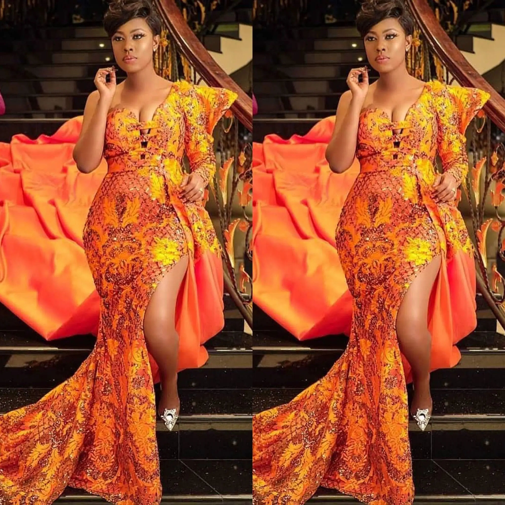 Высококачественная африканская Свадебная кружевная ткань оранжевого цвета