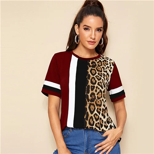 Multicolor6 SHEIN Color Block Cut-and-Sew Leopard Panel Top Short Sleeve O-Neck Casual T Shirt Women Summer Leisure Ladies Tshirt Tops - Цвет: Multicolor6
