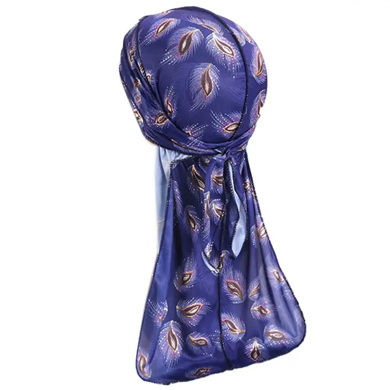 

Unisex Imitation Silk Durag Pirate Cap Floral Feahter Print Long Tail Turban Hat B95F