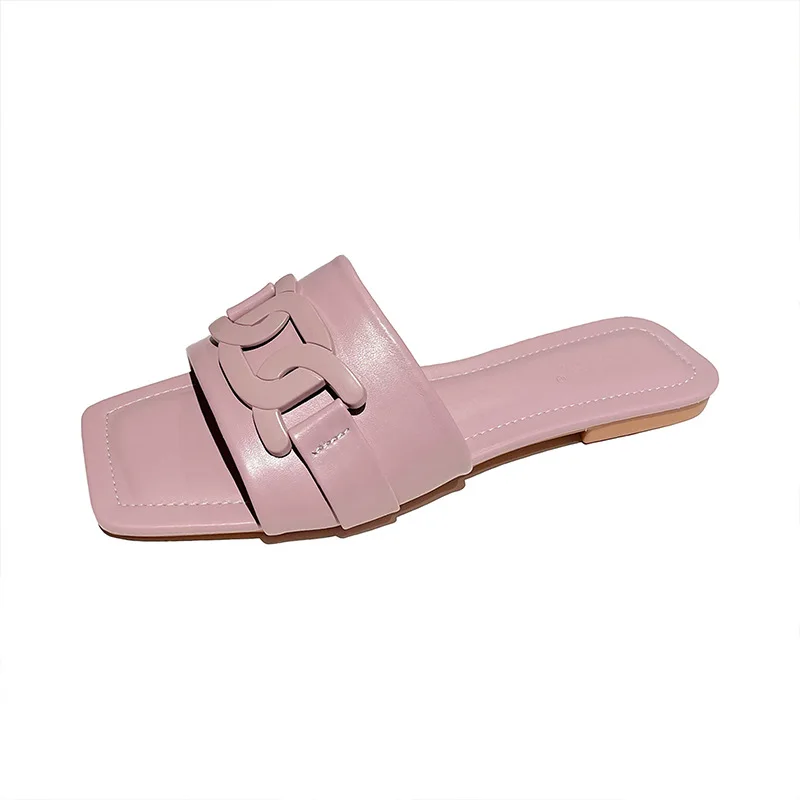 

Rivet Slippers Casual Shoes Woman 2021 Low Pantofle Shale Female Beach Luxury Flat New Sabot Soft Hoof Heels Slides Metal Decora
