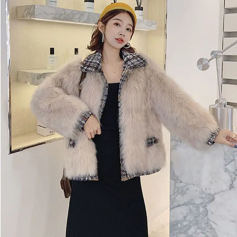 

Winter new imitation fox fur grass women loose tweed stitching short plush thick warm fashion jacket