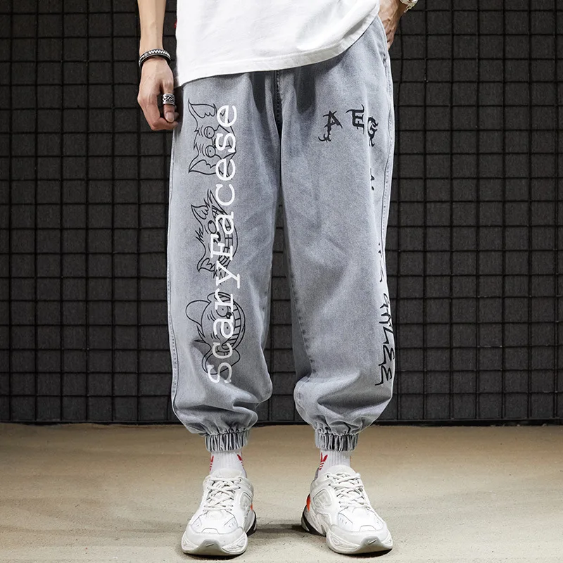 Men's jeans spring letter printing baggy Hip hop jeans men cargo pants Streetwear Cartoon Graffiti Drawstring Denim trousers men
