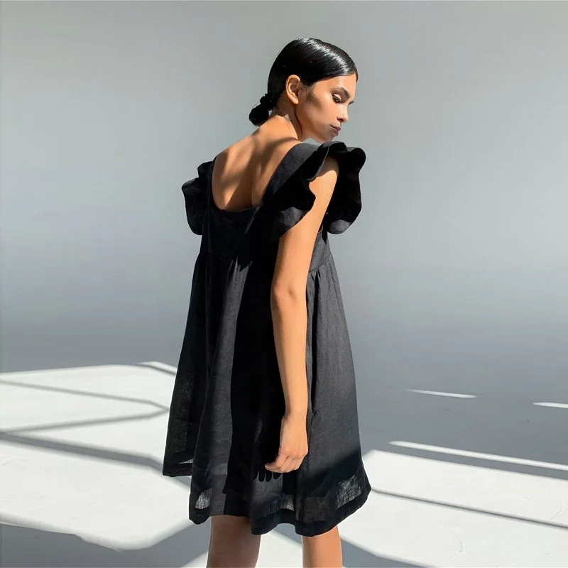 

Cozok - Summer Casual Plain Linen Skirt Butterfly Sleeve Square Collar Open-Back High-Waisted Mini Dress 2021 Loose Party Dinner