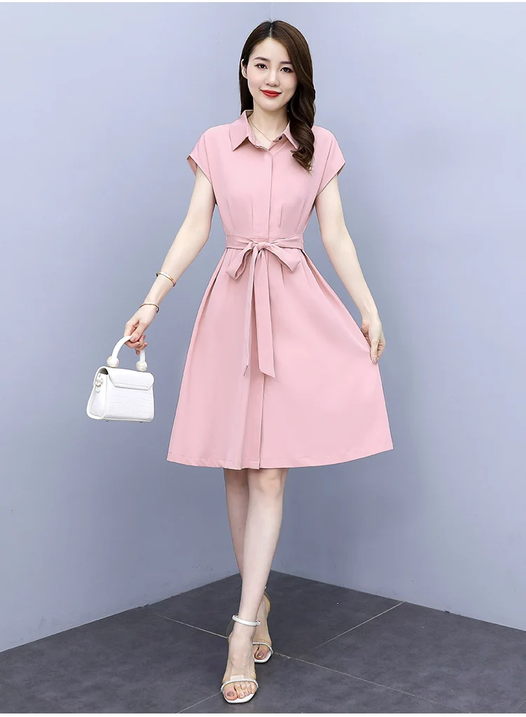 

Chiffon Loose Plus Size Women's Dress New Fashion Casual Short Sleeve Dresses Mid-length Summer Solid Color Polo-collar Houthion