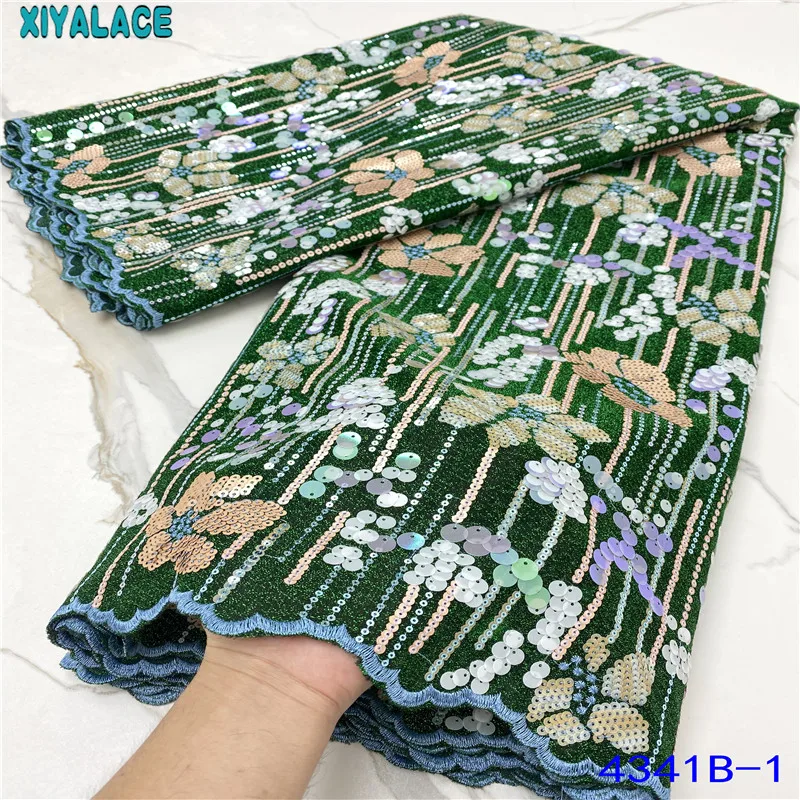 

Green African Lace Fabric French Fabric Big Wedding Tulle Lace Embroidered Nigerian Lace Fabrics Pleuche with Sequins KS4341B