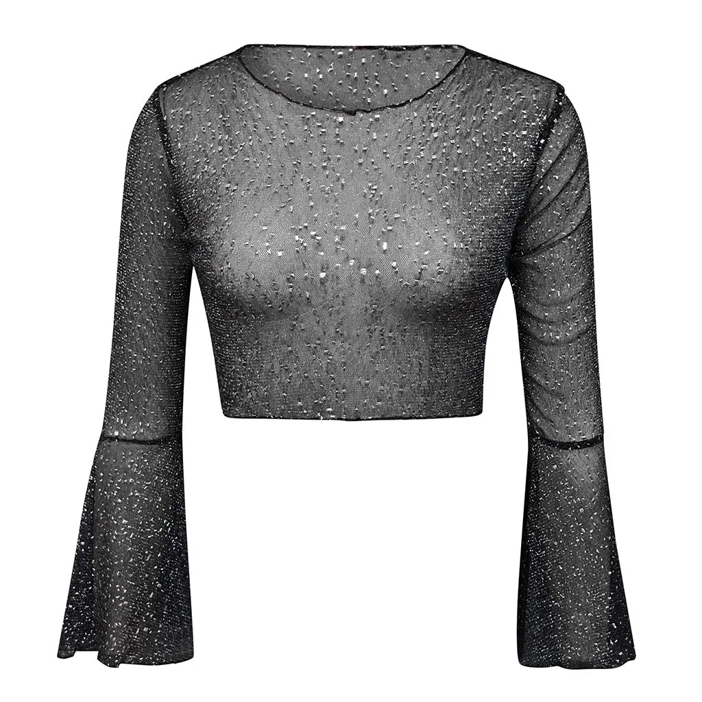 Сексуальные женские блузки Прозрачные сетчатые с воротником-стойкой длинным