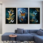 3 панели абстрактные синие золотые бабочки, холст, живопись в скандинавском стиле, Современная фотография, настенное искусство для украшения дома