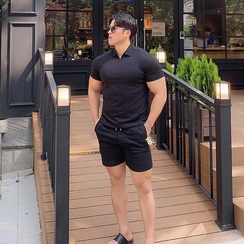 

Men Polo Shirt V-collar Shirt Smart Casual Shirts for Men Bodybuilding Short Sleeve Mens Polo Shirt