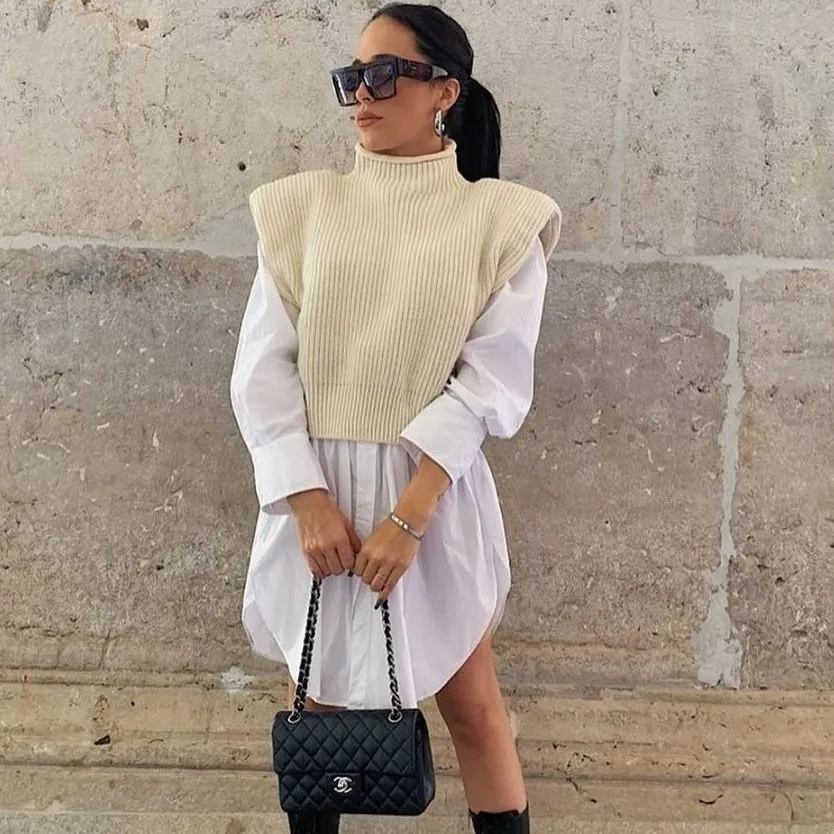 

Solid Women's Waistcoat Sweater Sleeveless High Neck Fashion Casual Pad Shoulder Vest Top Woman Sweater Femme Knitted Pullover