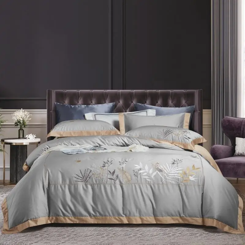 

Grey Bedding Set Luxury Embroidery Duvet Cover Set Long-staple Cotton Pillowcases Queen King Size Bed Bed Linen 4pcs 2020 new