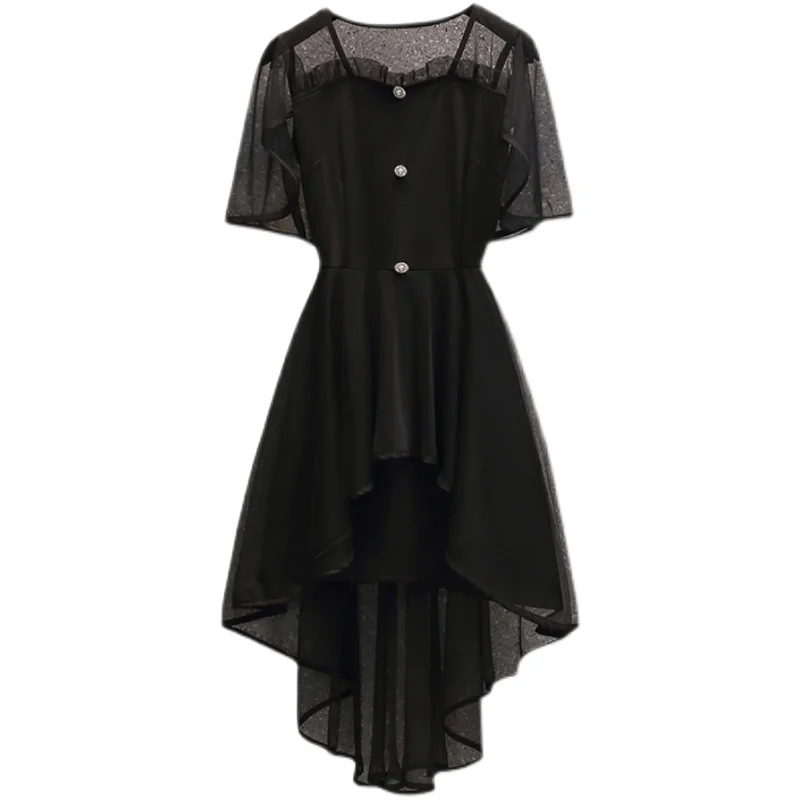 

Plus size women Summer mesh patchwork irregular black dresses office ladies elegant vintage mesh sleeve A-line dress women robe