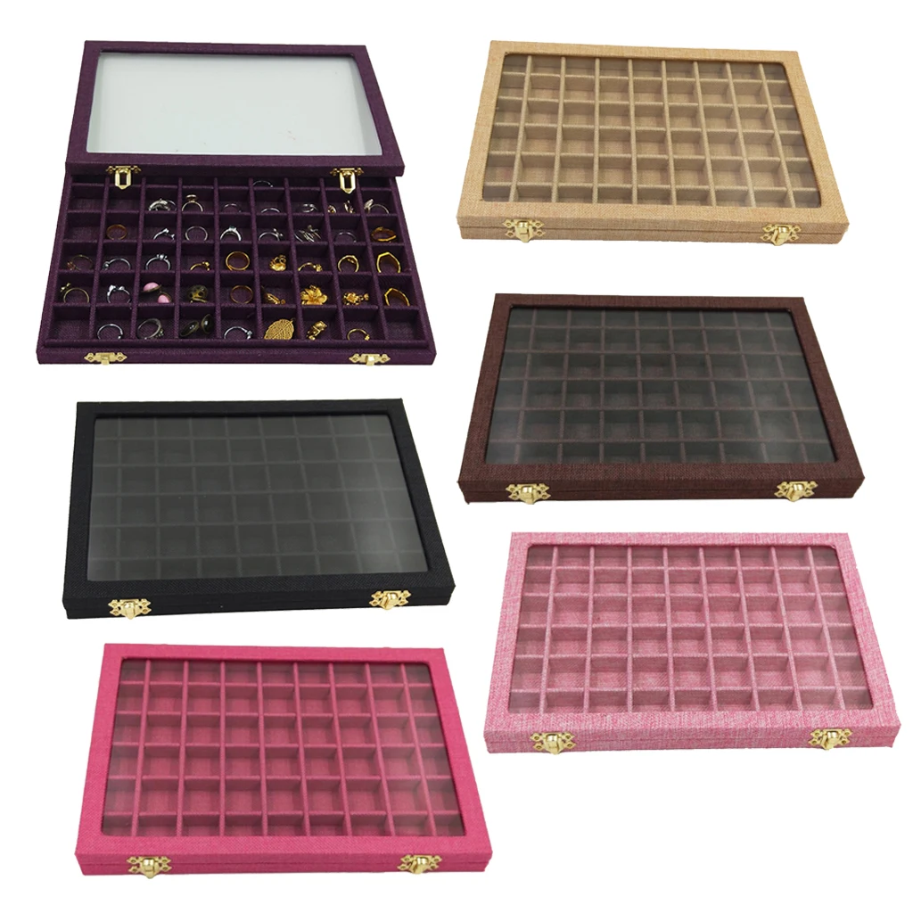 

54 Grids Transparent Lid Jewelry Shelf, Shop Window Storage Box Made of Linen