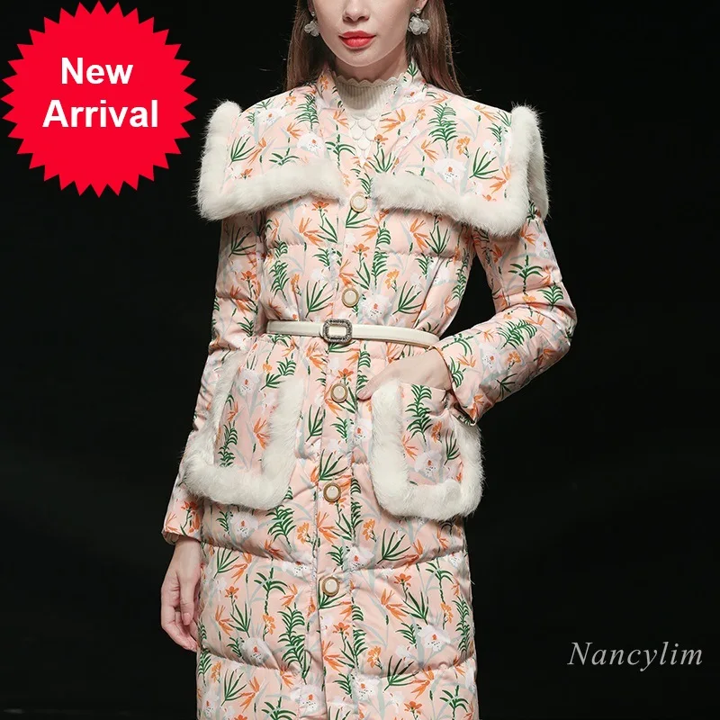 

Printing Slim Long White Duck Down Winter Jacket Women Thick Warm Long Coat Streetwear Overcoats Manteau Femme Hiver Nancylim