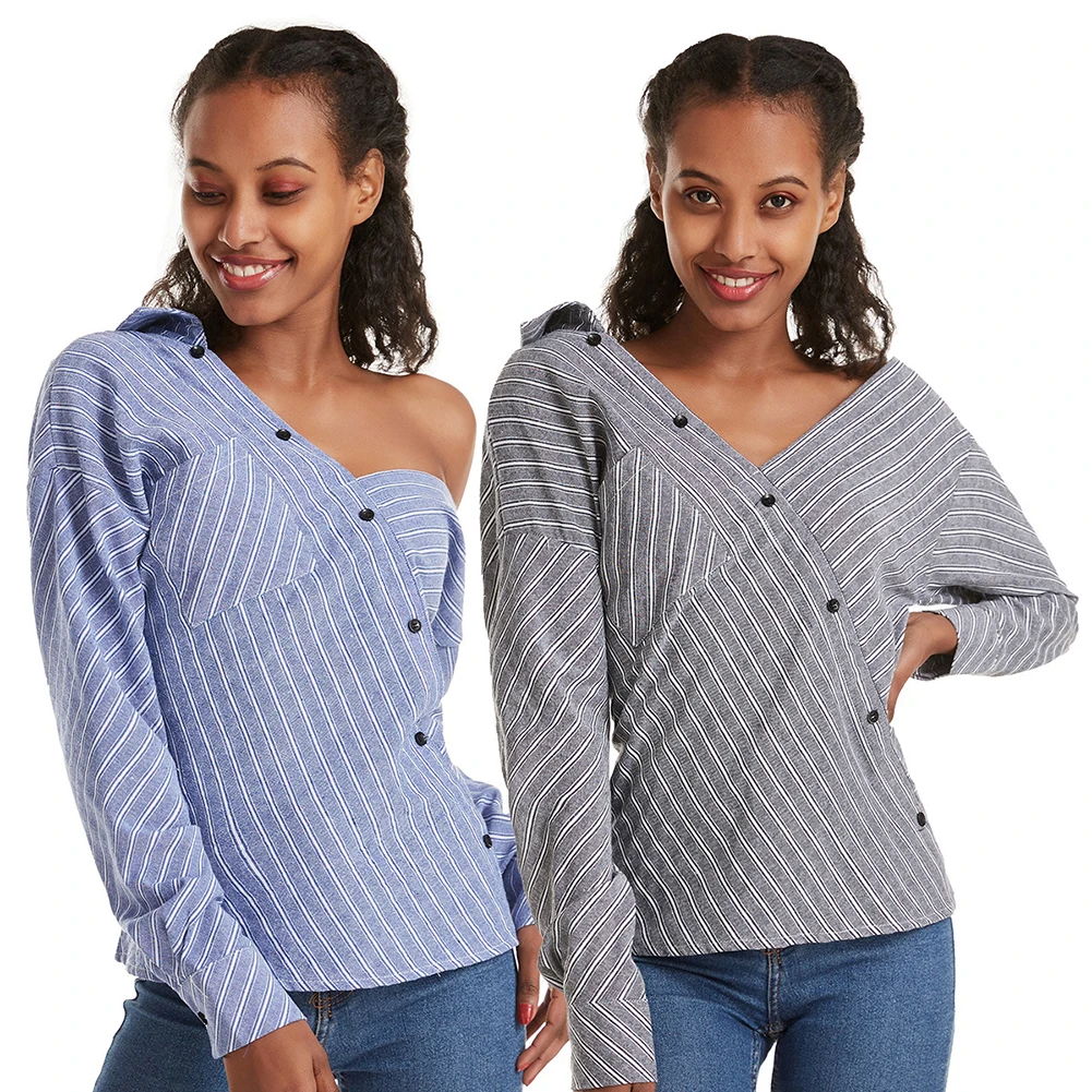 

Women Fashion Long Sleeve Turn Down Collar Stripes Office Shirt Cotton Blouse Women Blouses Elegant Women Shirt Plus Size 2020