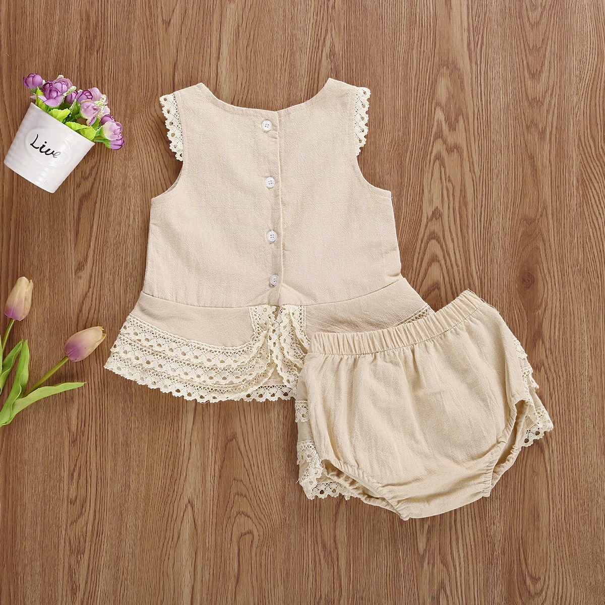 

New 0-4Y Summer Set Clothing Newborn Baby Toddler Girls Solid Ruffled Sleeveless Lace Shirt Top+Short Dress Pants 2Pcs Outfit