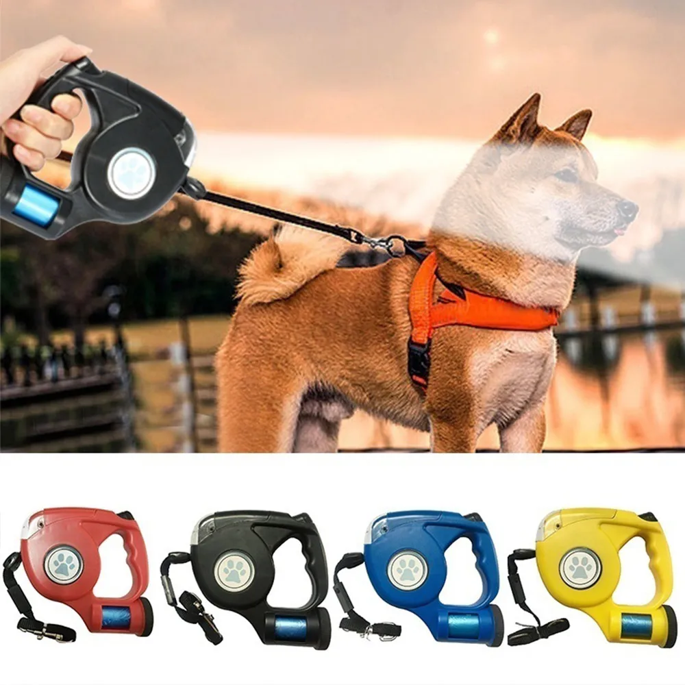 

5M Automatic Retractable Dog Leashes Polyester Puppy Walking Leads Pet Supplies Traction Rope With Lighting Garbage Bag 3 In 1