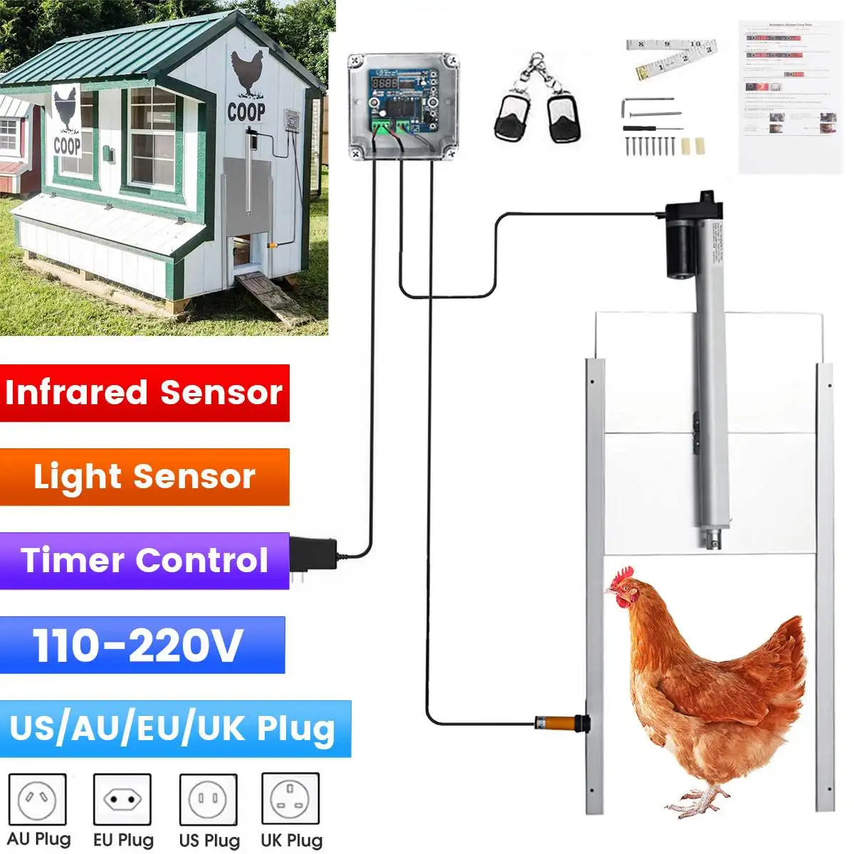 

2 IN 1 Timing Control Chicken House Automatic Door Opener Door Opening Kit Farm Accessories 110-220V Chicken Pets Dog Toys Door